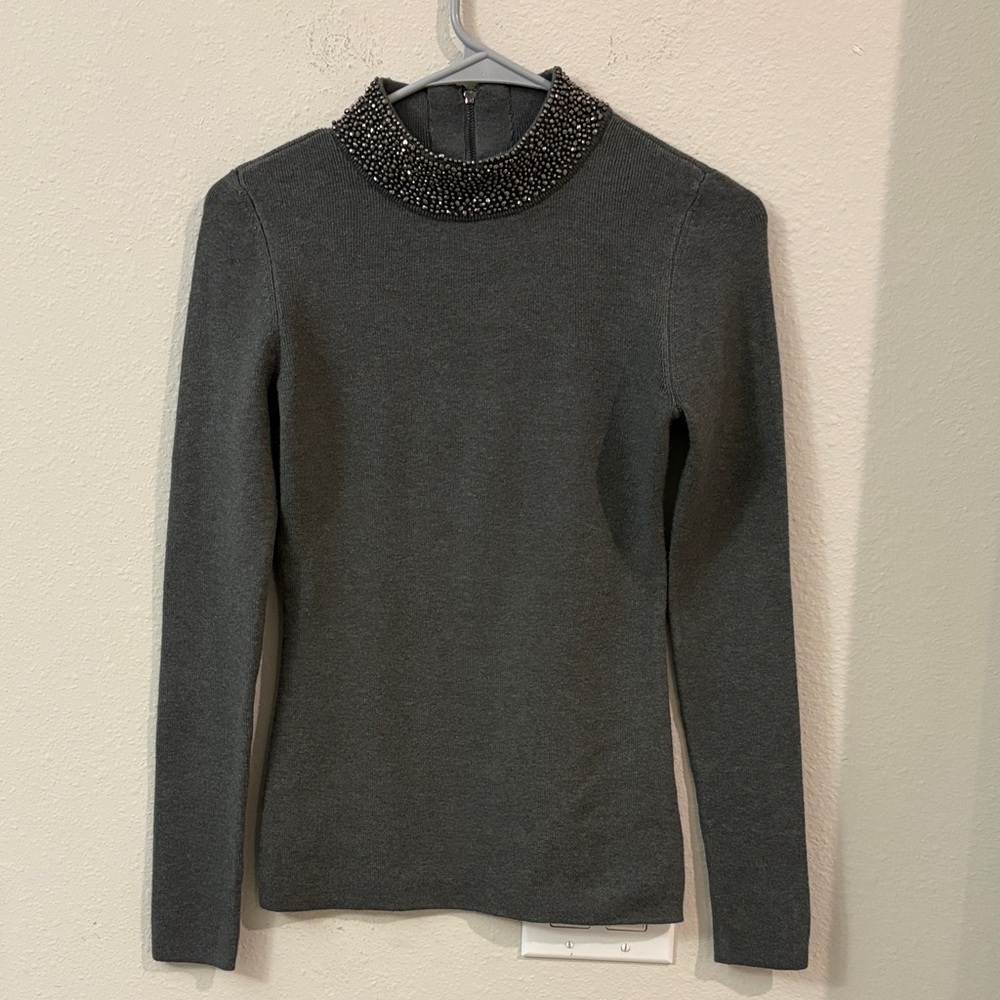 Elegant Gray Beaded Collar Blouse